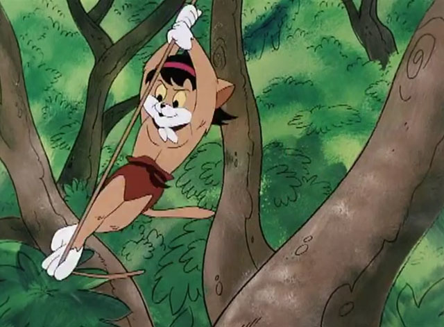 The Secret Lives of Waldo Kitty - Catzan of the Apes - cartoon ginger and white Catzan swinging on vine