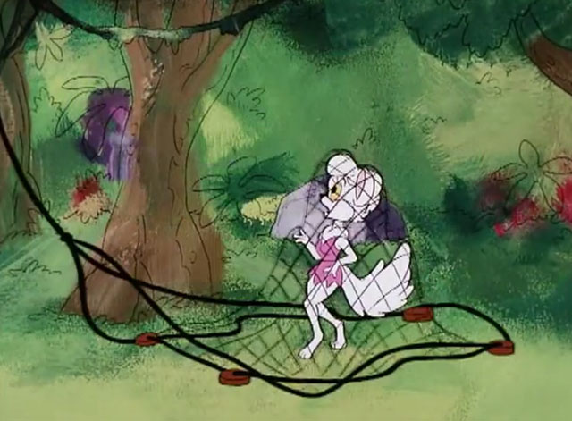 The Secret Lives of Waldo Kitty - Catzan of the Apes - cartoon white Persian cat Lady Vain being caught in net