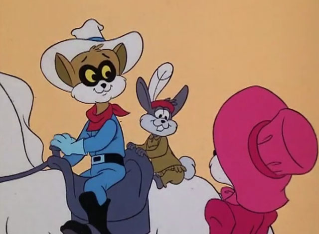 The Secret Lives of Waldo Kitty - The Lone Kitty - cartoon ginger and white cat The Lone Kitty on white horse Sterling with rabbit Pronto and white cat Felicia