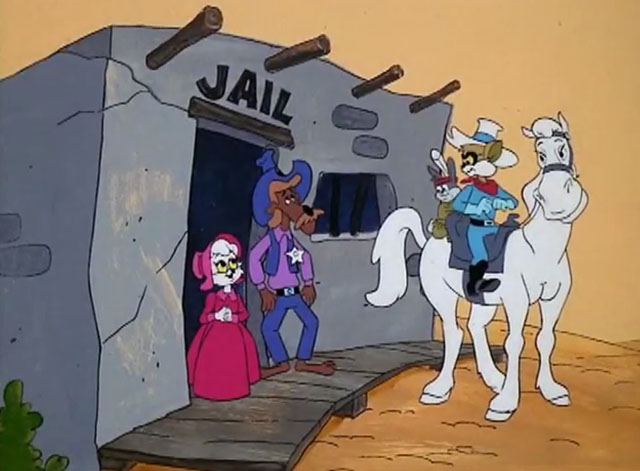 The Secret Lives of Waldo Kitty - The Lone Kitty - cartoon ginger and white cat The Lone Kitty on white horse Sterling with white cat Felicia and dog Sheriff