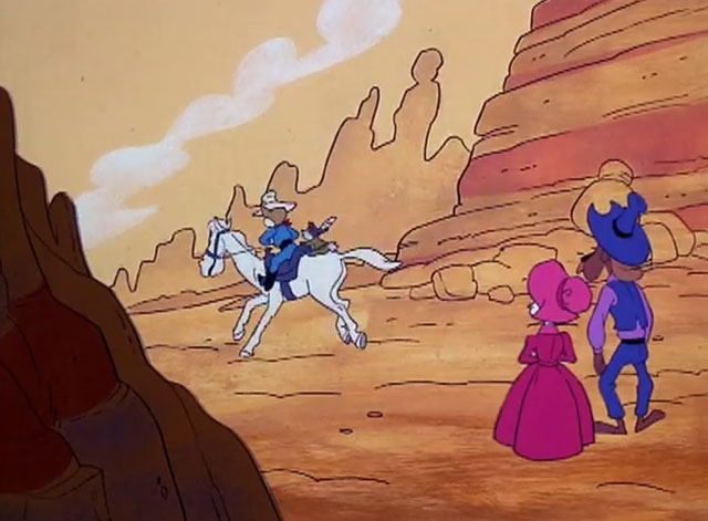 The Secret Lives of Waldo Kitty - The Lone Kitty - cartoon ginger and white cat The Lone Kitty on white horse Sterling with rabbit Pronto riding away as Felicia and Sheriff watch
