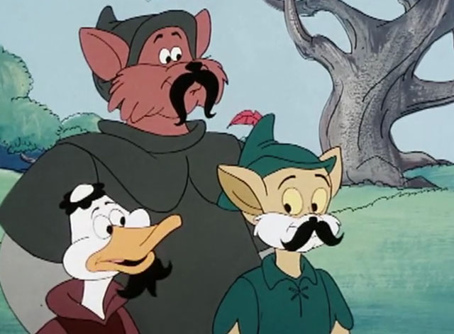 The Secret Lives of Waldo Kitty - Robin Cat - ginger and white cartoon Robin Cat with Little John and Friar Duck wearing mustaches