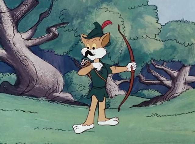 The Secret Lives of Waldo Kitty - Robin Cat - ginger and white cartoon Robin Cat pulling on bow with no string