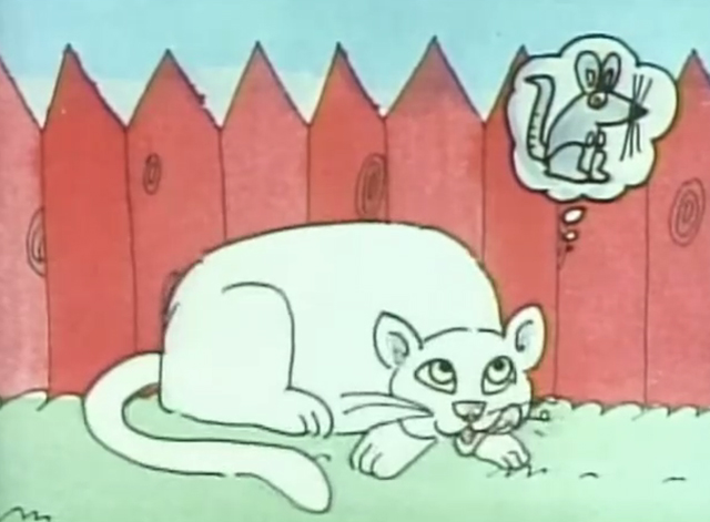 Sesame Street - Cat Hears Squeaking - white cat lying by fence thinking of mouse