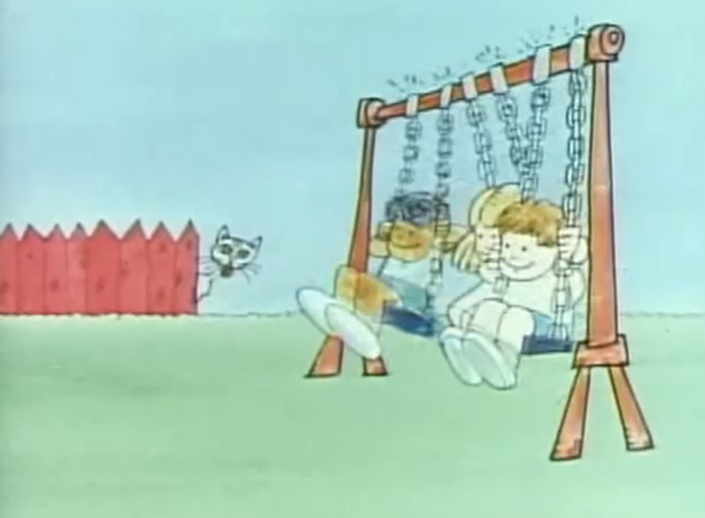 Sesame Street - Cat Hears Squeaking - white cat looking around fence at kids on swings