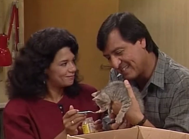 Sesame Street - Episode 2383 Stray Kitten - Maria Sonia Manzano looking lovingly at Luis Emilio Delgado as they feed gray tabby kitten