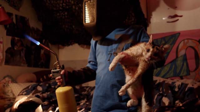 Shameless - Pilot Carl Ethan Cutkosky wearing welding helmet and holding welding torch while holding calico cat