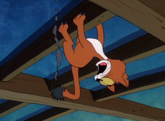 The Smurfs - The Astrosmurf - Azrael cat hanging on rafter with tail on fire