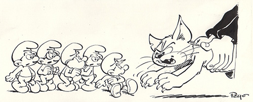 The Smurfs - original Peyo ink drawing of cat Azrael and Smurfs