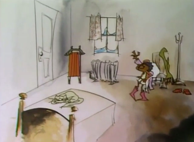 Sesame Street - Snow Day - little girl getting ready to go out with white cat on bed