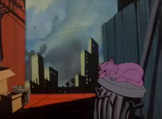 Spiderman - The Origin of Spiderman - cartoon purple cat sleeping on trash can