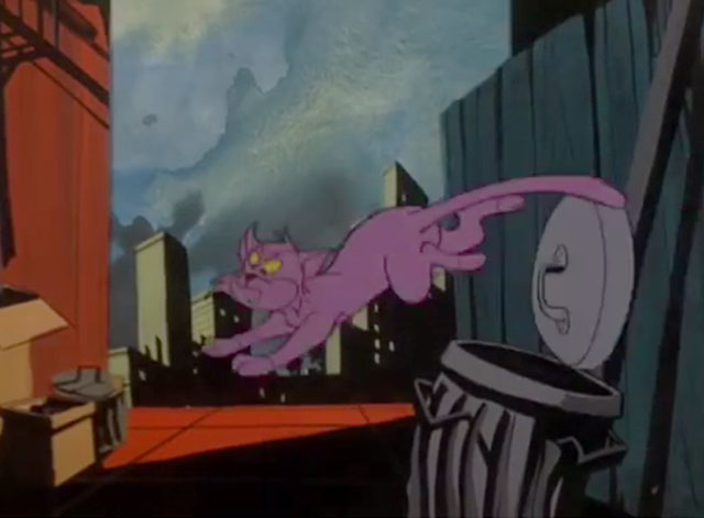 Spiderman - The Origin of Spiderman - cartoon purple cat jumping off trash can