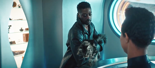 Star Trek: Discovery - That Hope is You - Cleveland Booker David Ajala setting down large longhaired tabby cat Grudge