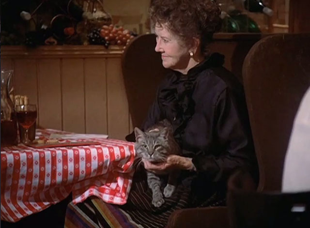 St. Elsewhere - Tweety and Ralph - woman in restaurant with gray tabby cat on lap