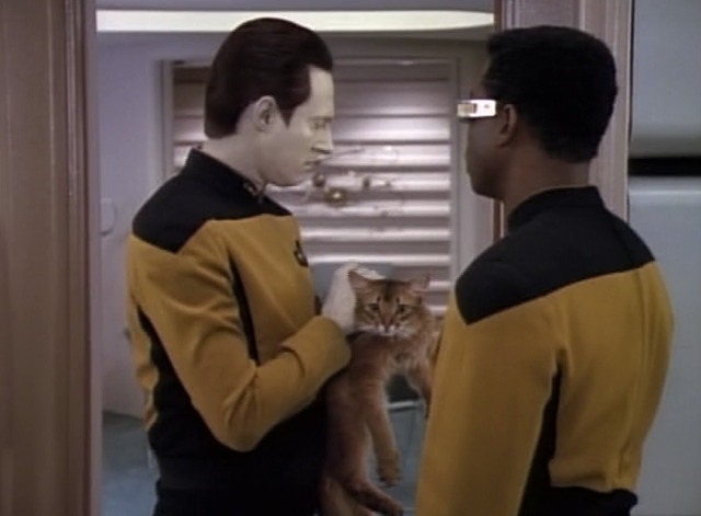Star Trek: The Next Generation - In Theory - Data holds cat Spot while talking to Geordi