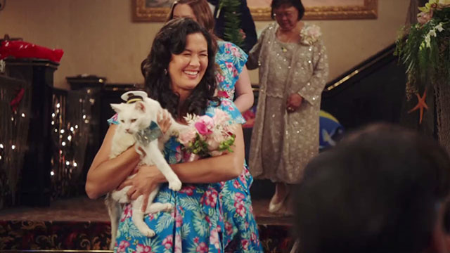Superstore - Sandra's Wedding - bridesmaid walking down stairs with white cat Biscuit wearing captain's hat