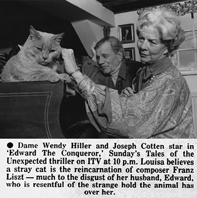 Tales of the Unexpected - Edward the Conqueror - ginger tabby cat with Dame Wendy Hiller and Joseph Cotten newspaper clipping