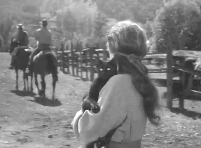 Tate - Quiet After the Storm - Amy Cathy O'Donnell holding Mr. Black Cat as David McLean rides away with Coley Hampton Fancher