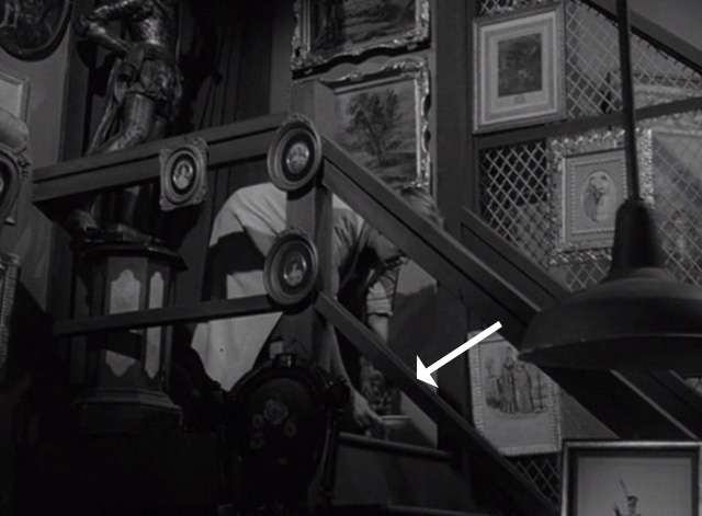 The Twilight Zone - Man in the Bottle - Edna Vivi Janiss setting tabby cat and saucer down on top of staircase