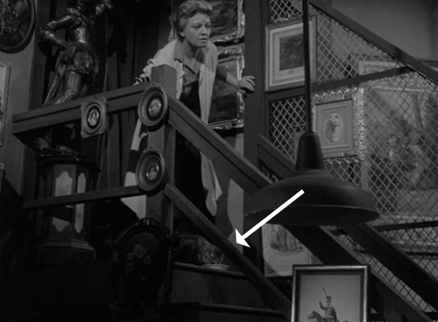 The Twilight Zone - Man in the Bottle - Edna Vivi Janiss on top of staircase with tabby cat and saucer