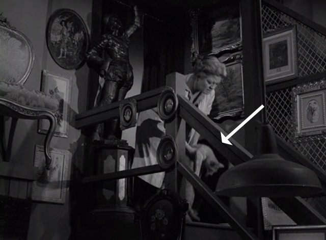 The Twilight Zone - Man in the Bottle - Edna Vivi Janiss setting ginger tabby cat down on top of staircase