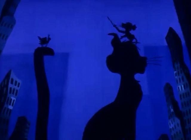 A Very Merry Cricket - silhouette of Harry cat, Tucker mouse and Chester Cricket about to perform