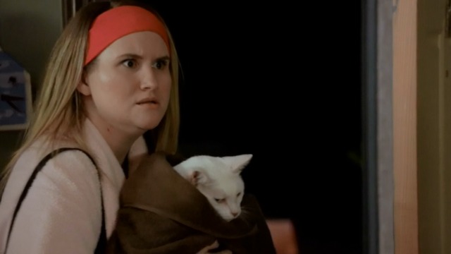 Workaholics - Save the Cat angry Jillian holding white cat Denny's in blanket