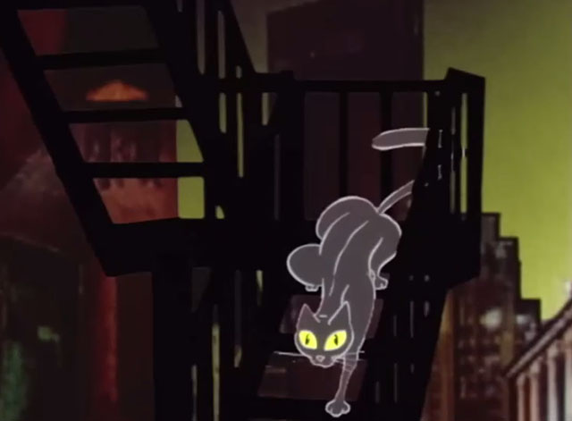 Club at the End of the Street - Elton John - cartoon black cat walking down fire escape ladder