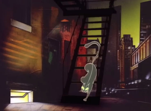 Club at the End of the Street - Elton John - cartoon black cat walking down fire escape ladder