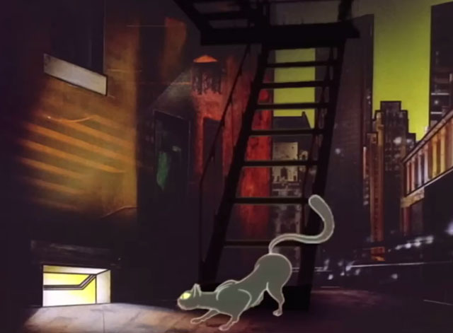 Club at the End of the Street - Elton John - cartoon black cat at bottom of fire escape ladder