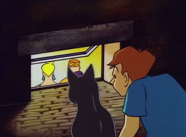 Club at the End of the Street - Elton John - cartoon black cat looking into nightclub window with boy