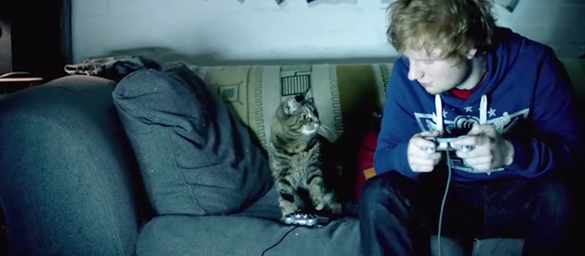 Drunk - Ed Sheeran - tabby cat and Ed playing video games on couch