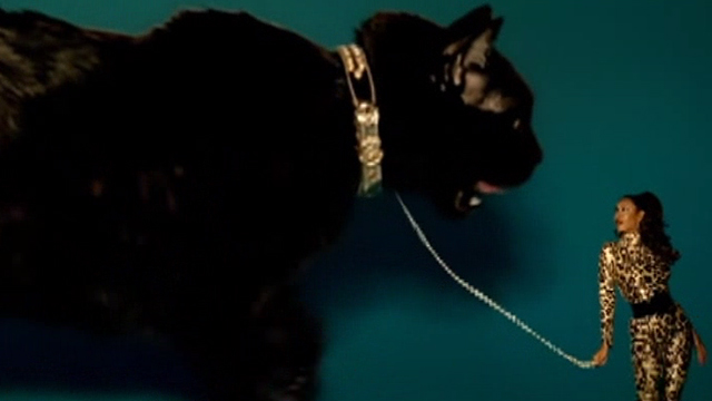 Beyoncé - Kitty Kat - Beyoncé leading giant black cat on leash