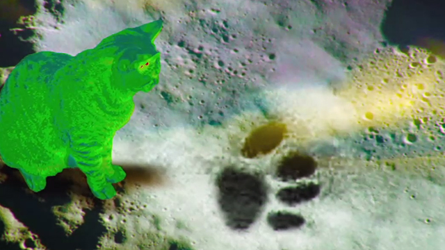 Moonwalk - Phon.o - green cat on moon looks at giant paw print