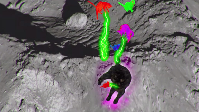 Moonwalk - Phon.o - colorful cats shooting laser eyes at giant black cat on moon