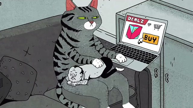 The Turning Point - Wantaways - cartoon tabby cat petting small human on its lap while sitting on couch and looking at computer